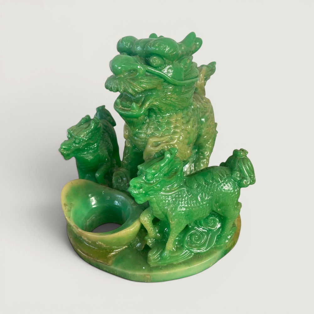 Chinese Dragon Faux Jade Resin Feng Shui Prosperity Wealth Ingot Statue Decor